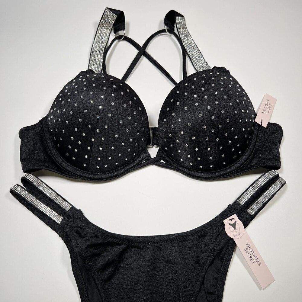 Victoria Secret 34C M Bombshell Push Up Bikini Top Set Glam Shine Strap Black - Picture 3 of 12